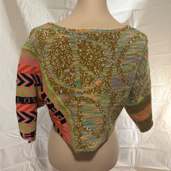 Urban Outfitters Pink and Green Asymmetrical 3/4 Sleeve Crop Top Sweater - Picture 2 of 7